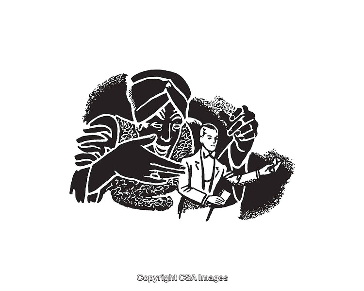 Black and White Illustration Depicting a Mysterious Magician and a Gentleman