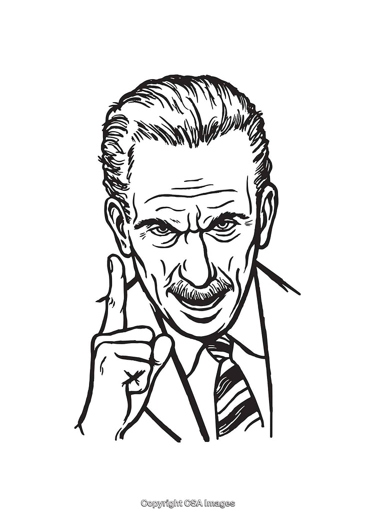 Black and White Illustration of a Thoughtful Man With Raised Finger
