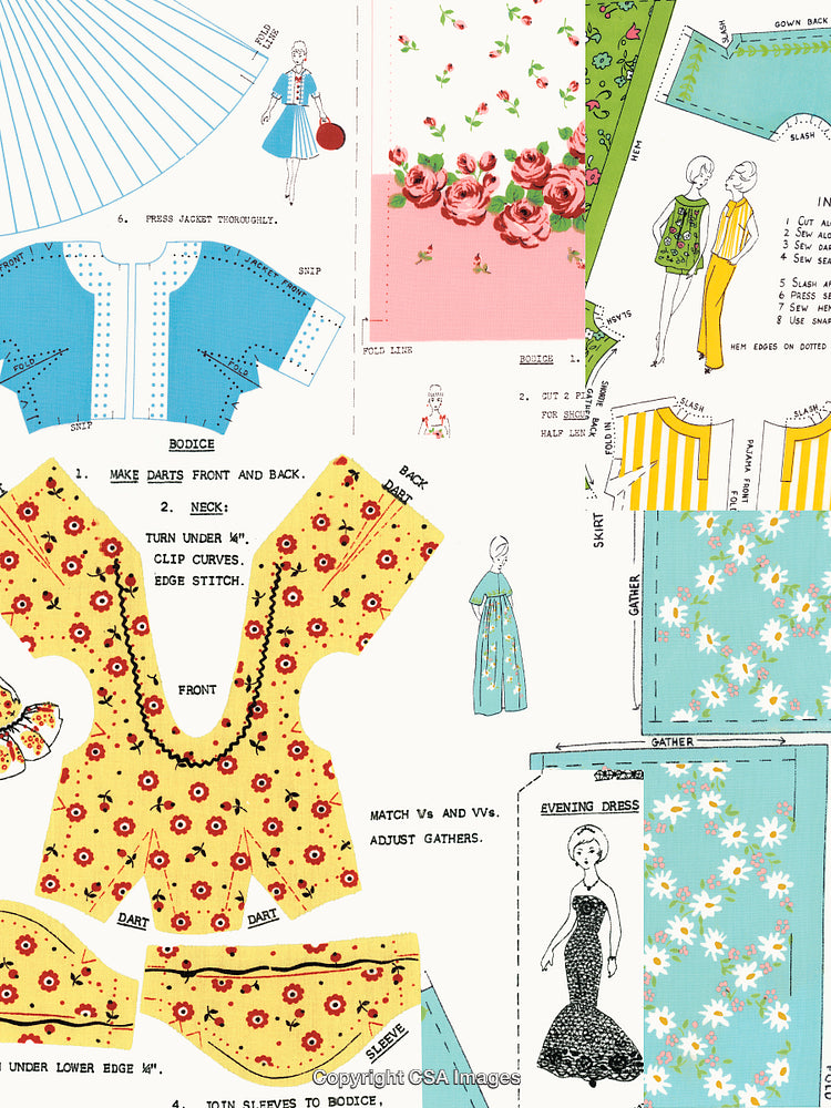Colorful Vintage Sewing Pattern Collage with Dresses and Floral Prints