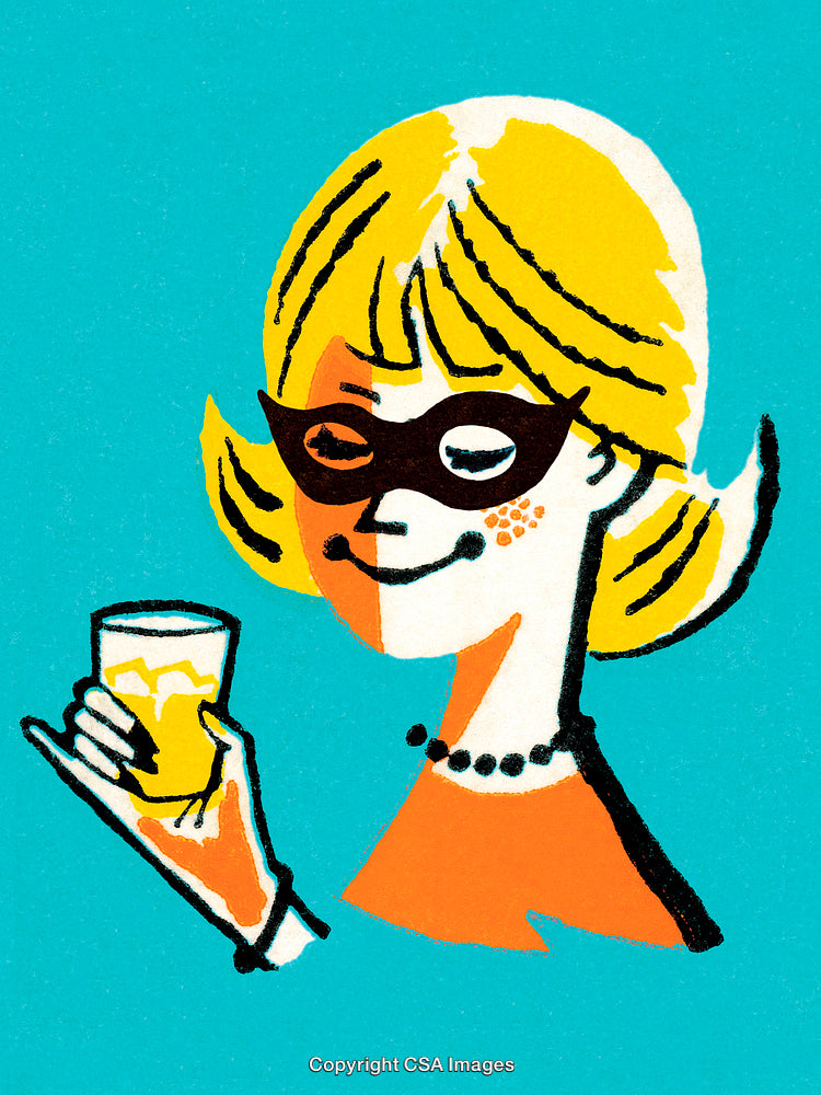 Retro Illustrated Woman With Yellow Hair Holding a Glass on Blue Background