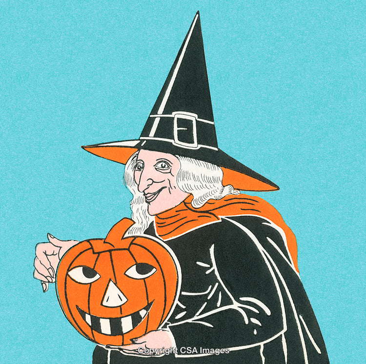 Vintage Illustration of Witch Holding Jack-o'-Lantern on Blue Background