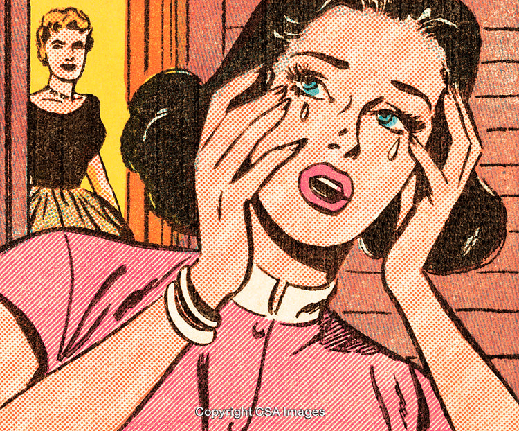Vintage Comic Illustration of Emotional Woman and Observing Figure in Background
