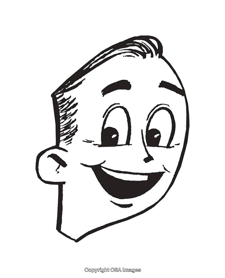 Retro Black and White Smiling Cartoon Face Line Art