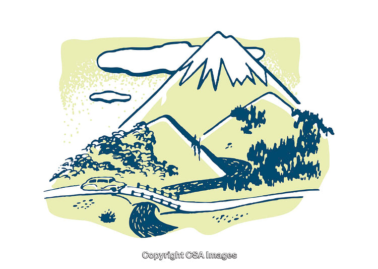 Scenic Mountain Landscape with River and Bridge Illustration