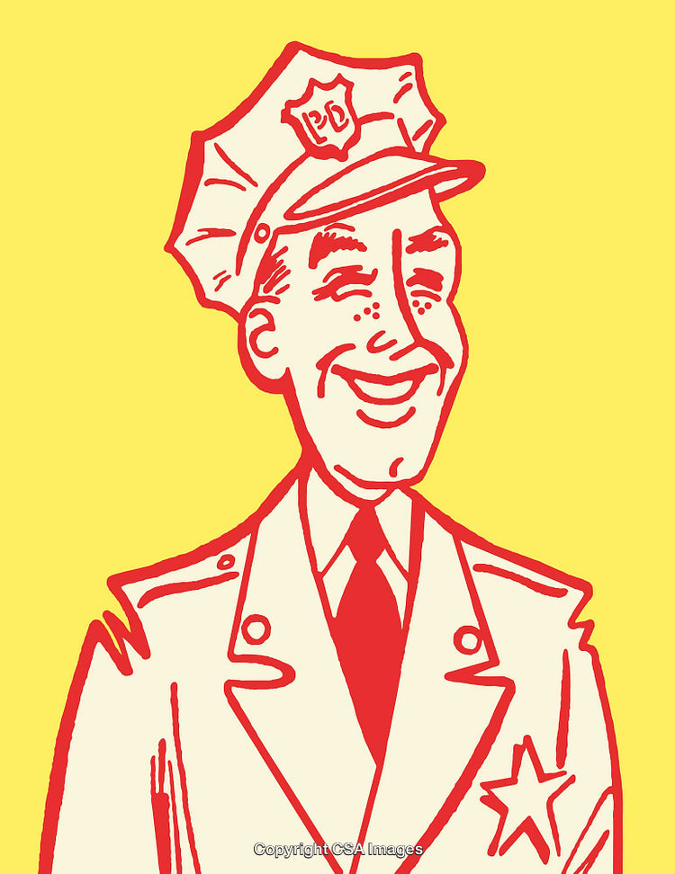 Vintage Style Illustration of a Smiling Police Officer on Yellow Background