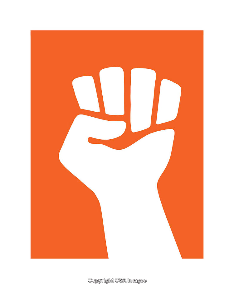 Minimalist Graphic of a Raised Fist on an Orange Background