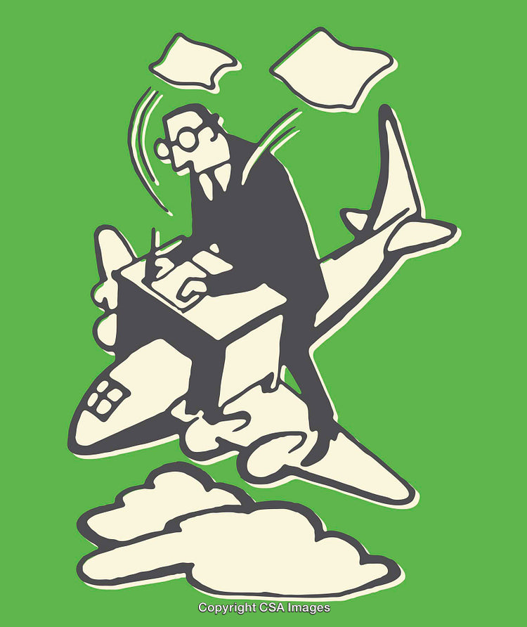 Businessman On Plane Working at Desk in Creative Line Art Style