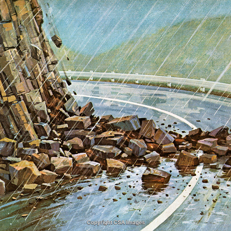 Landslide on a Rainy Mountain Road Blocking Traffic and Creating Hazards