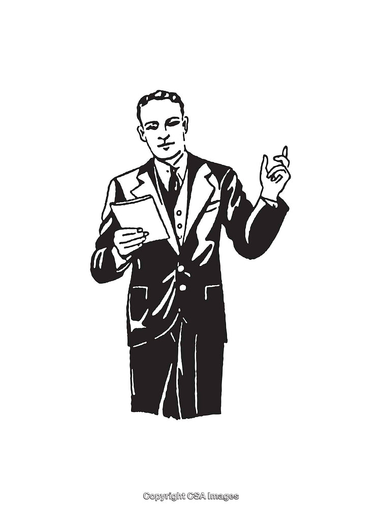 Vintage Black and White Illustration of a Businessman Giving a Speech