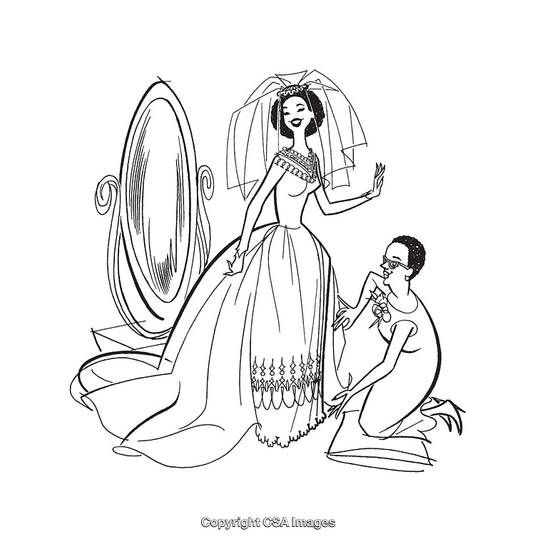 Stylish Line Art Wedding Scene Featuring Bride and Associate