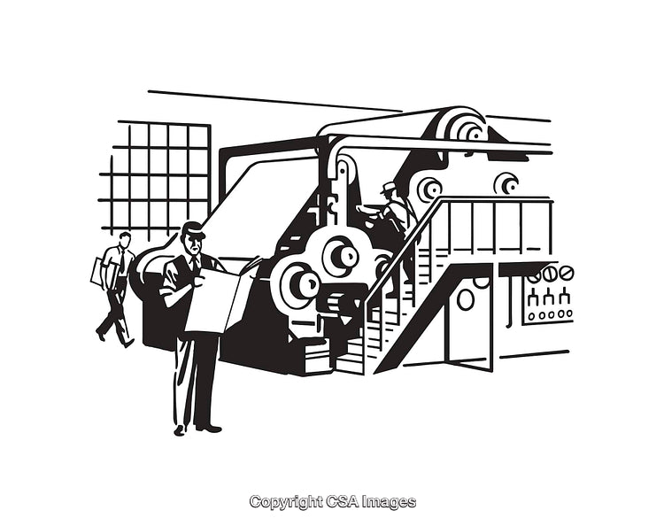 Black And White Illustration of Factory Workers and Industrial Machinery