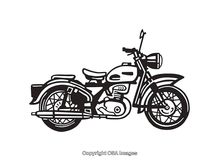 Black and White Line Art Illustration of a Vintage Motorcycle
