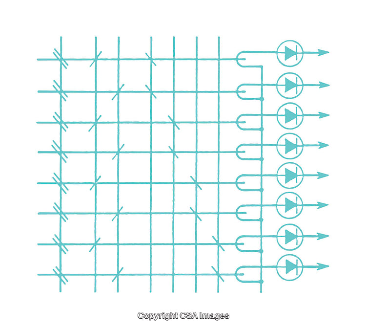 Stylized Schematic Diagram Depicting Grid with Arrows and Circuit Elements