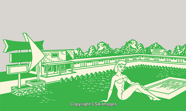 Vintage Line Art of a Woman by a Pool in a Scenic Setting