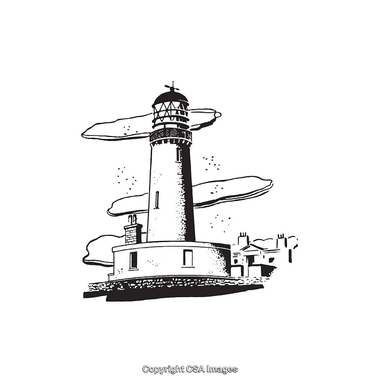 Black and White Line Art Illustration of a Lighthouse and Seaside Buildings