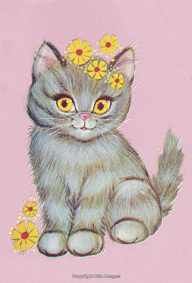 Cute Illustrated Cat Sitting With Flowers on a Pastel Pink Background