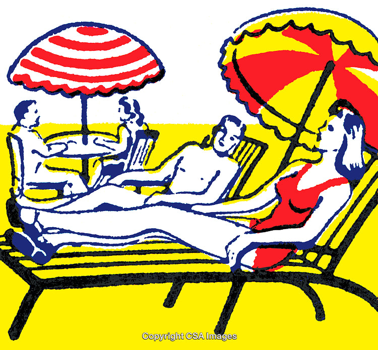 Colorful Illustration of People Relaxing Under Parasols at the Beach