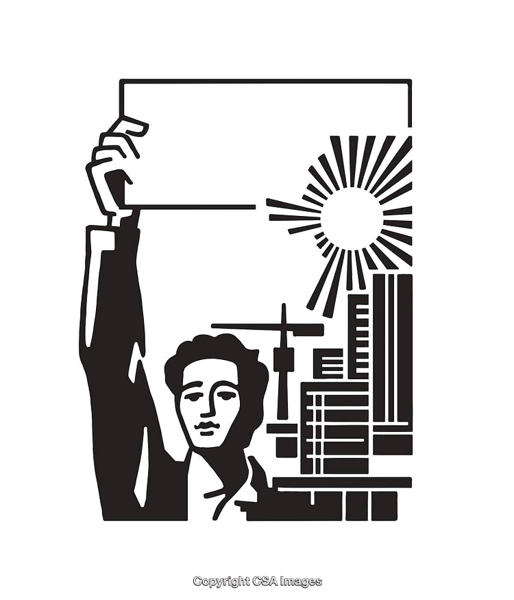 Black and White Line Art of Worker Holding Placard Against Urban Skyline