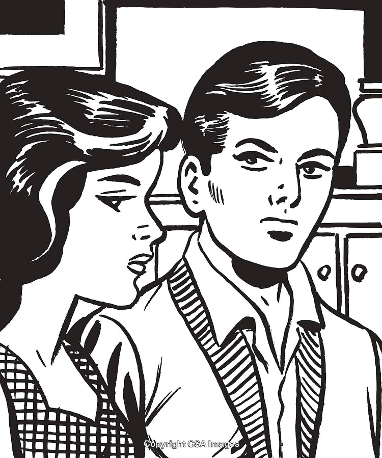 Retro Comic-Style Illustration of a Young Couple in Conversation