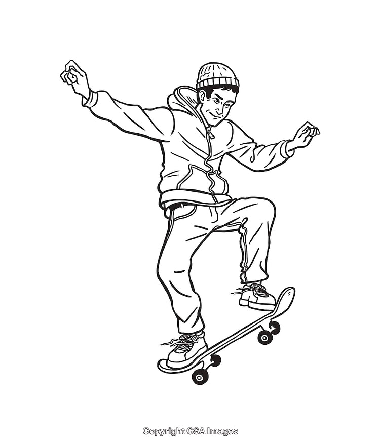 Black and White Line Art Illustration of a Skateboarding Individual Performing a Trick
