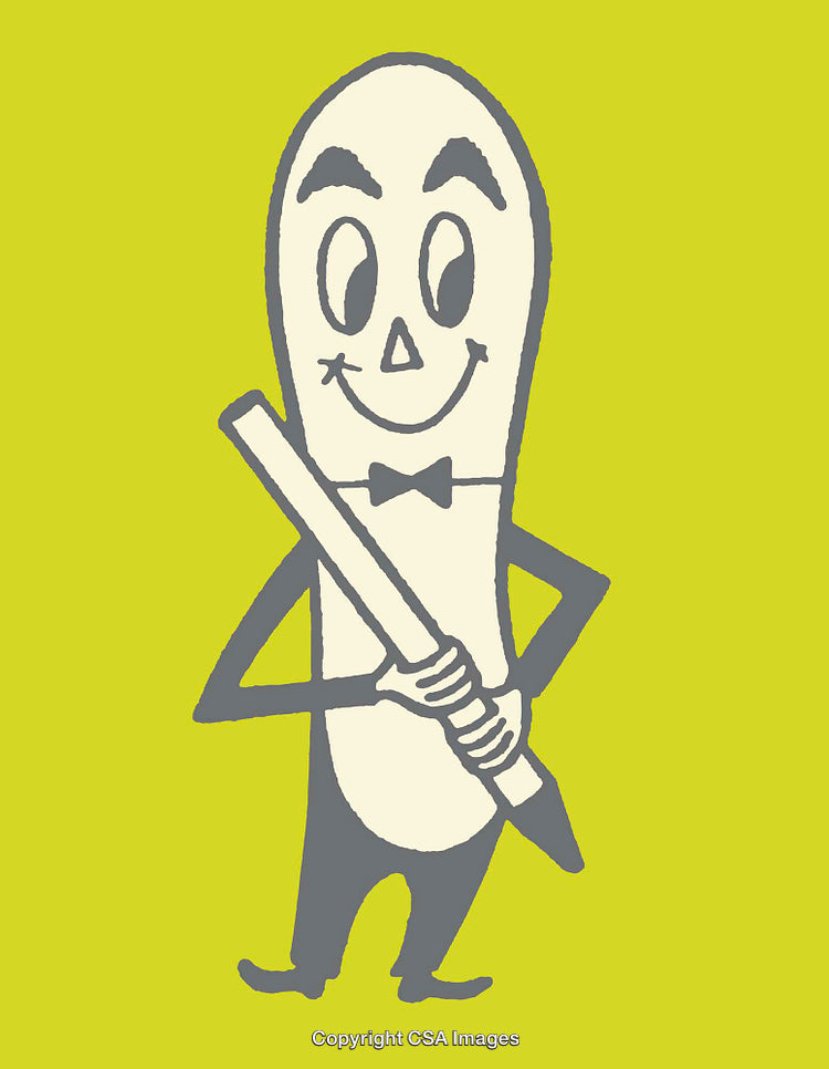 Retro Cartoon Character Holding a Pencil on Yellow Background