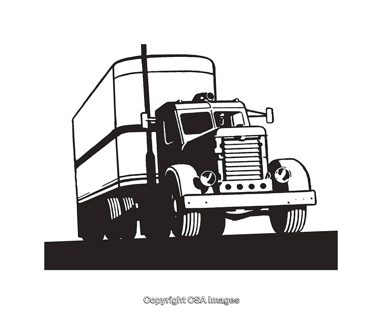 Black and White Line Art Illustration of a Semi Truck on Road