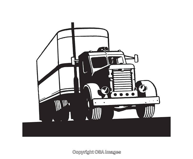 Black and White Line Art Illustration of a Semi Truck on Road