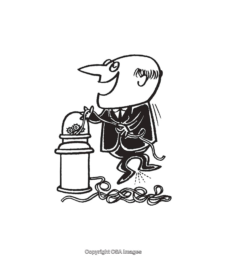 Black and White Illustration of a Man with an Unusual Machine