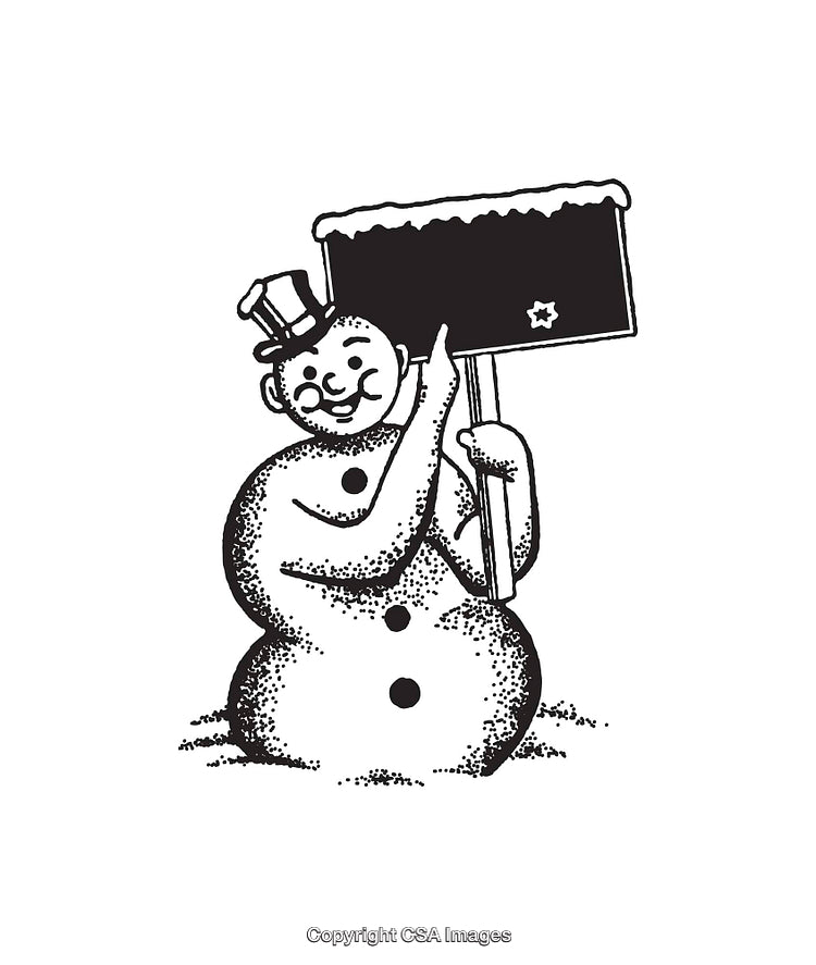 Black and White Snowman Illustration with Winter Signboard
