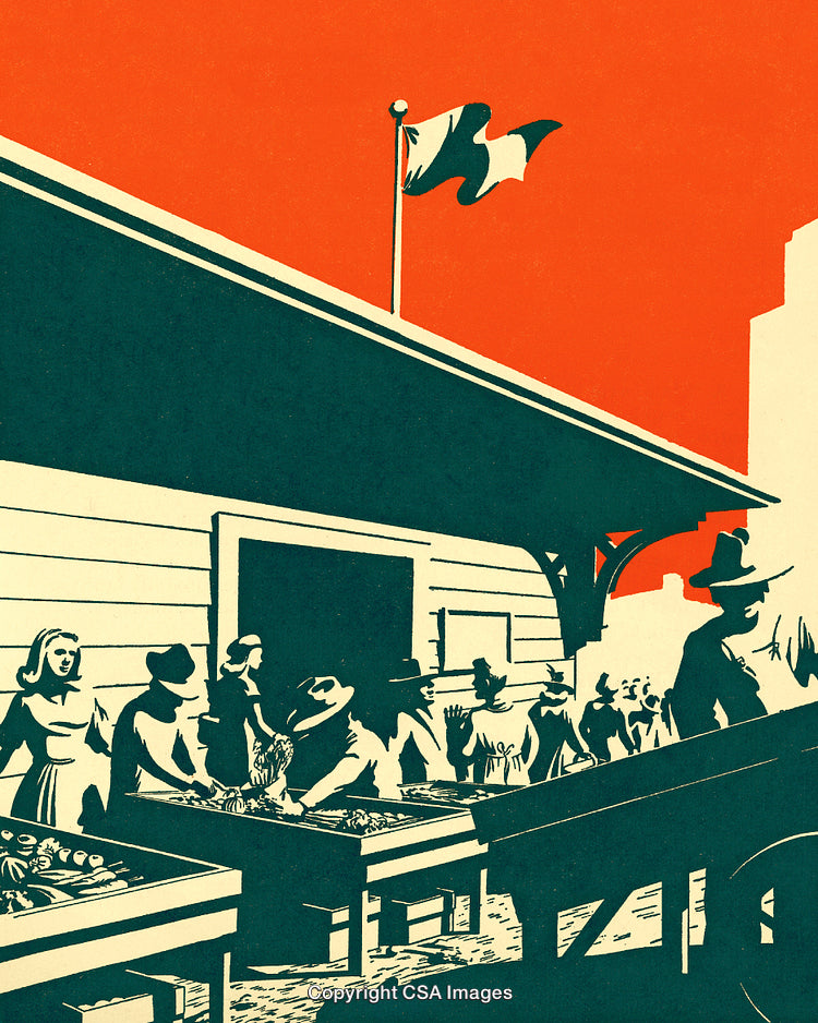 Vintage Market Scene Featuring People and Produce Against Vibrant Orange Sky