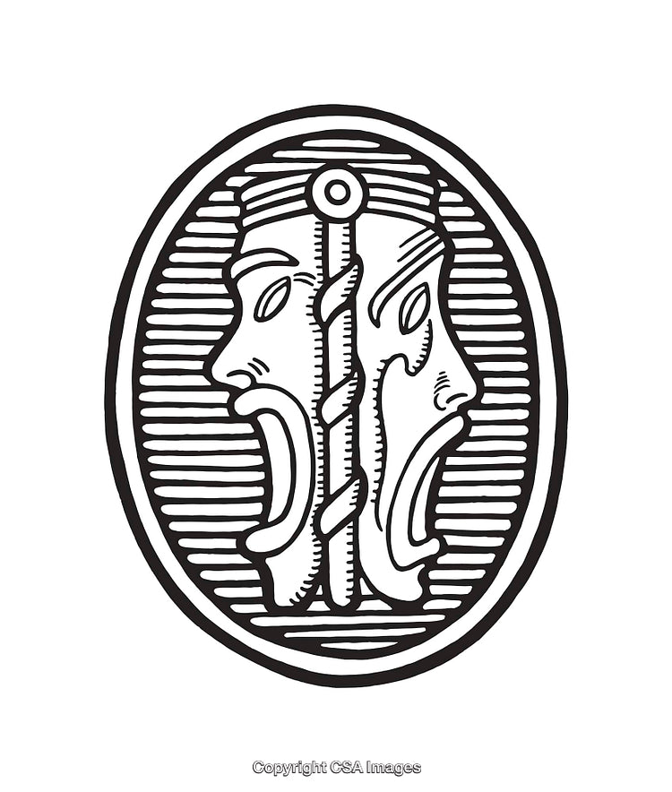 Vintage Black and White Medallion Line Art Illustration of Faces