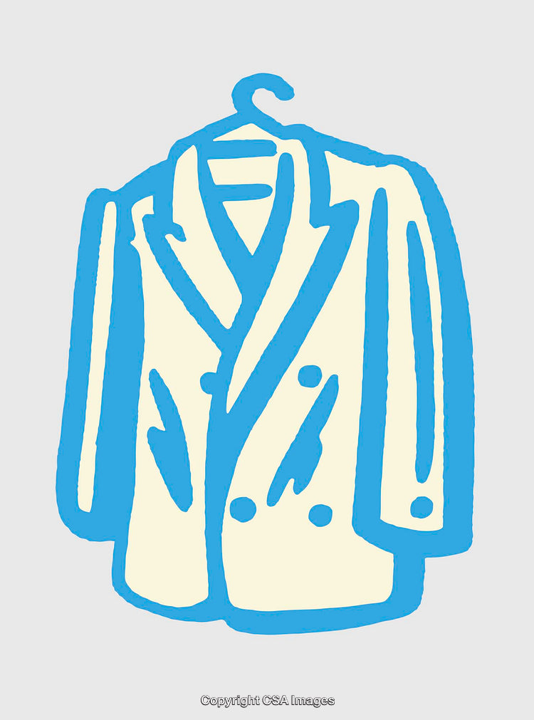 Blue Line Art Illustration of a Double-Breasted Coat on Hanger
