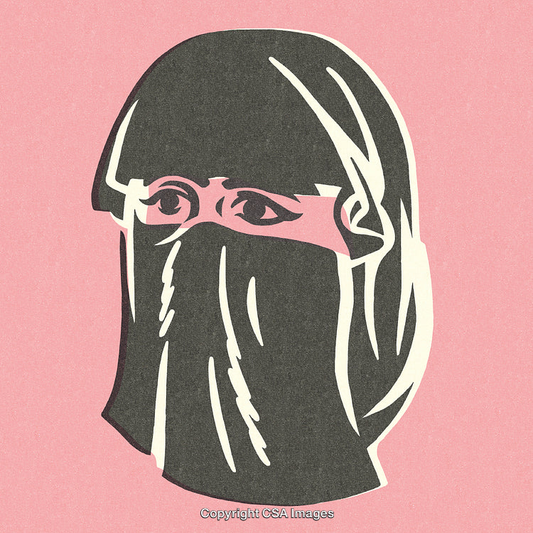 Stylized Illustration of a Veiled Woman Against a Pink Background