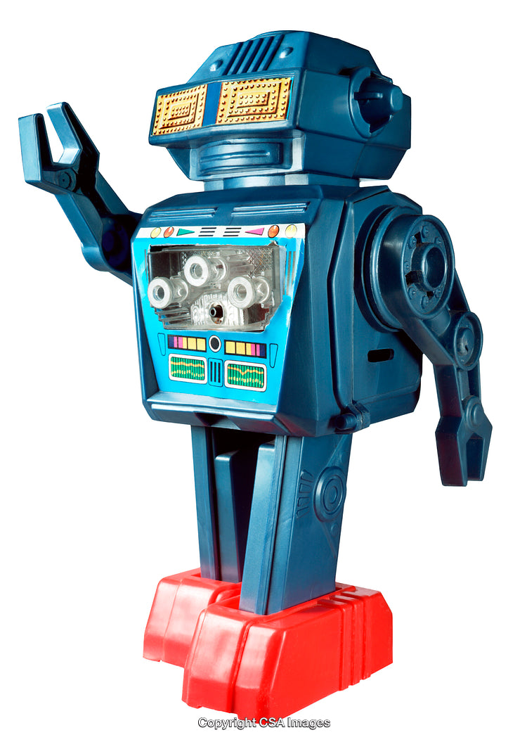 Vintage Blue and Red Toy Robot with Mechanical Details and Retro Design