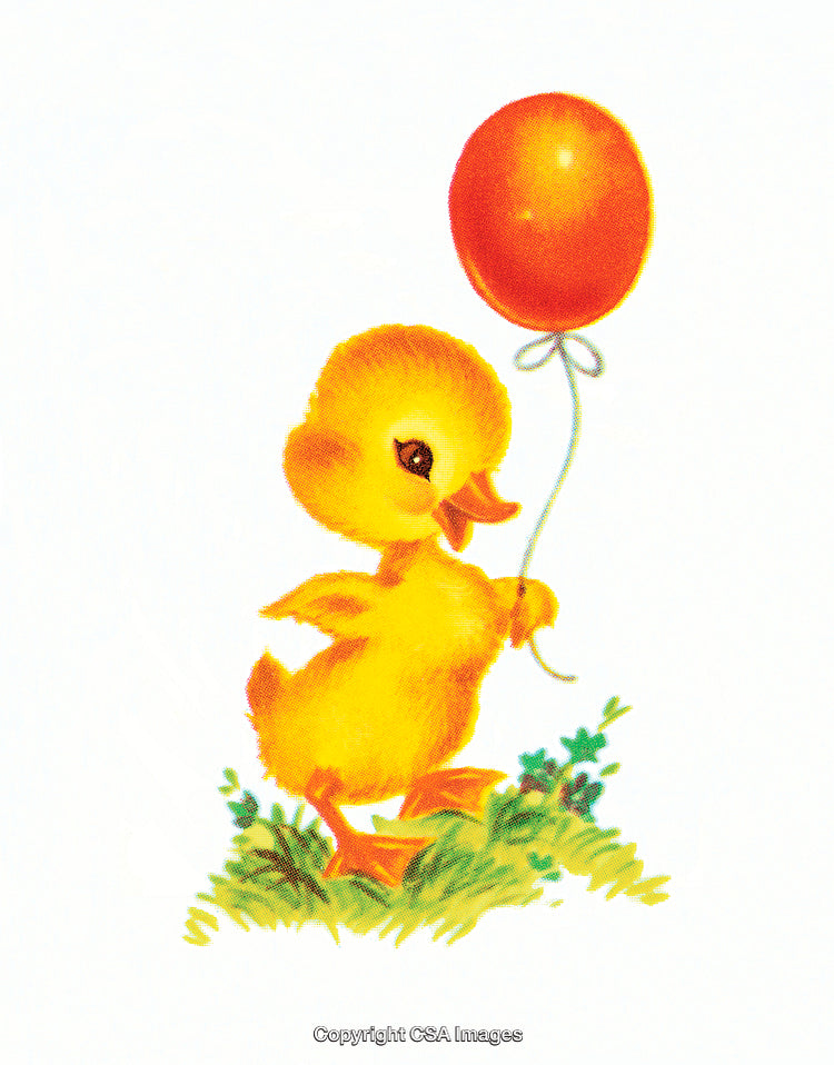 Adorable Yellow Duckling Holding a Red Balloon in Styleful Illustration