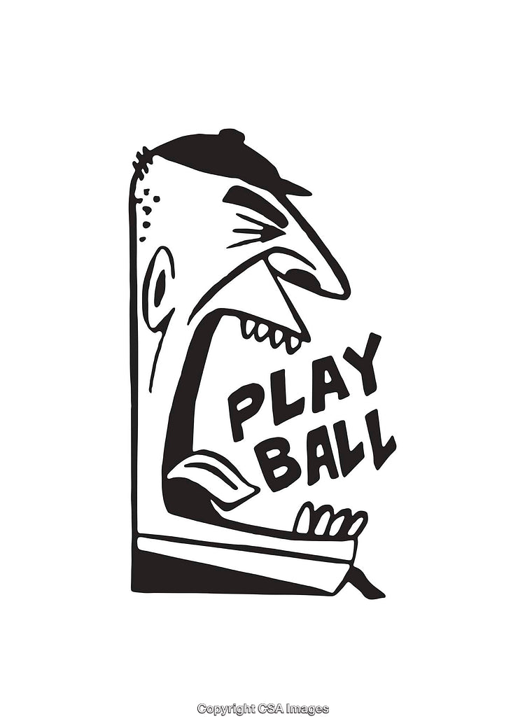 Retro Line Art of Man Shouting 'Play Ball' in Black and White