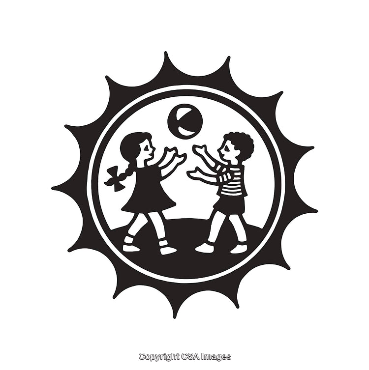 Black and White Illustration of Children Playing with a Ball Outdoors