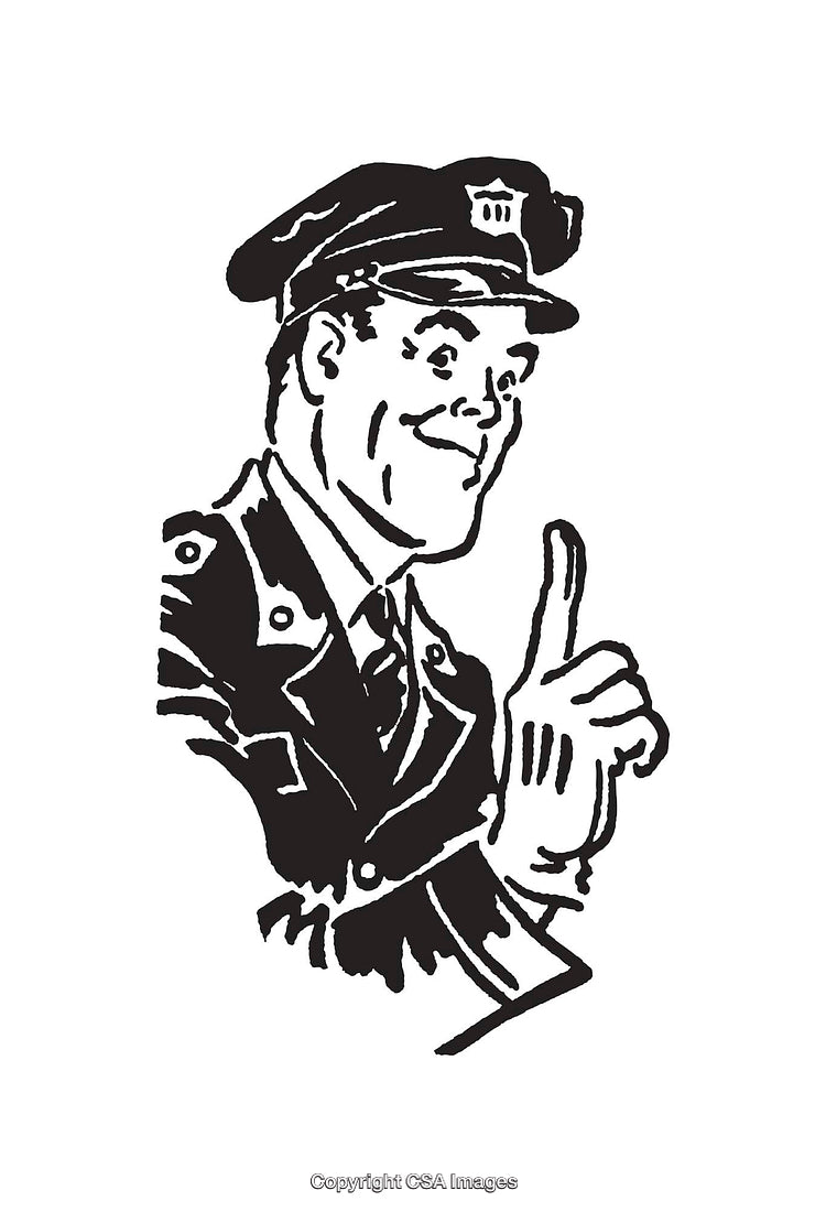 Black and White Line Art of a Vintage Police Officer Illustration