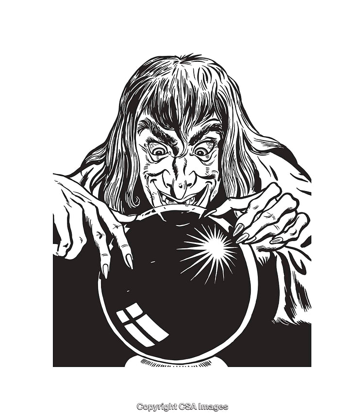 Black and White Line Art of a Witch with a Crystal Ball