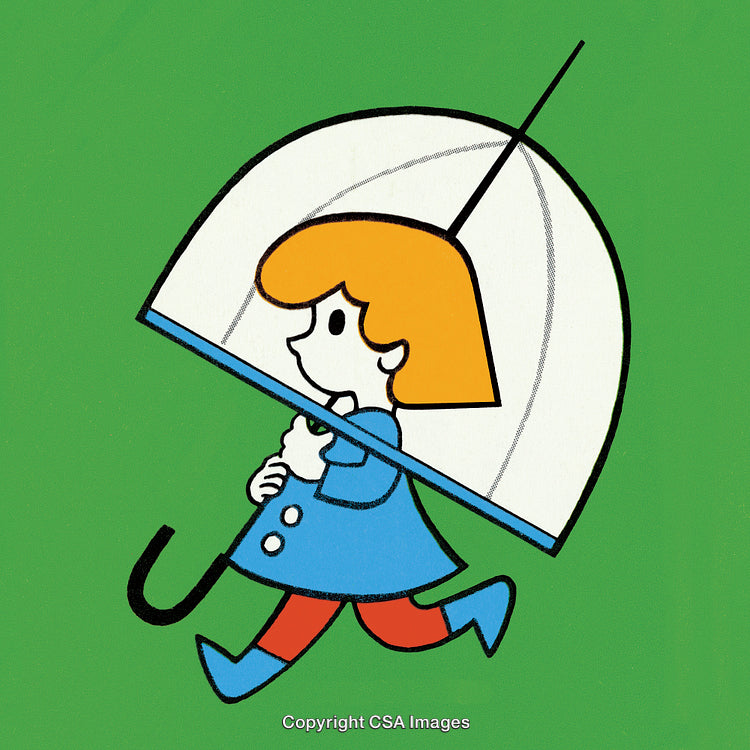 Cartoon Illustration of a Child Holding an Umbrella on Green Background