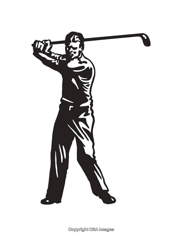 Black and White Illustration of a Golfer Swinging a Club with Focus