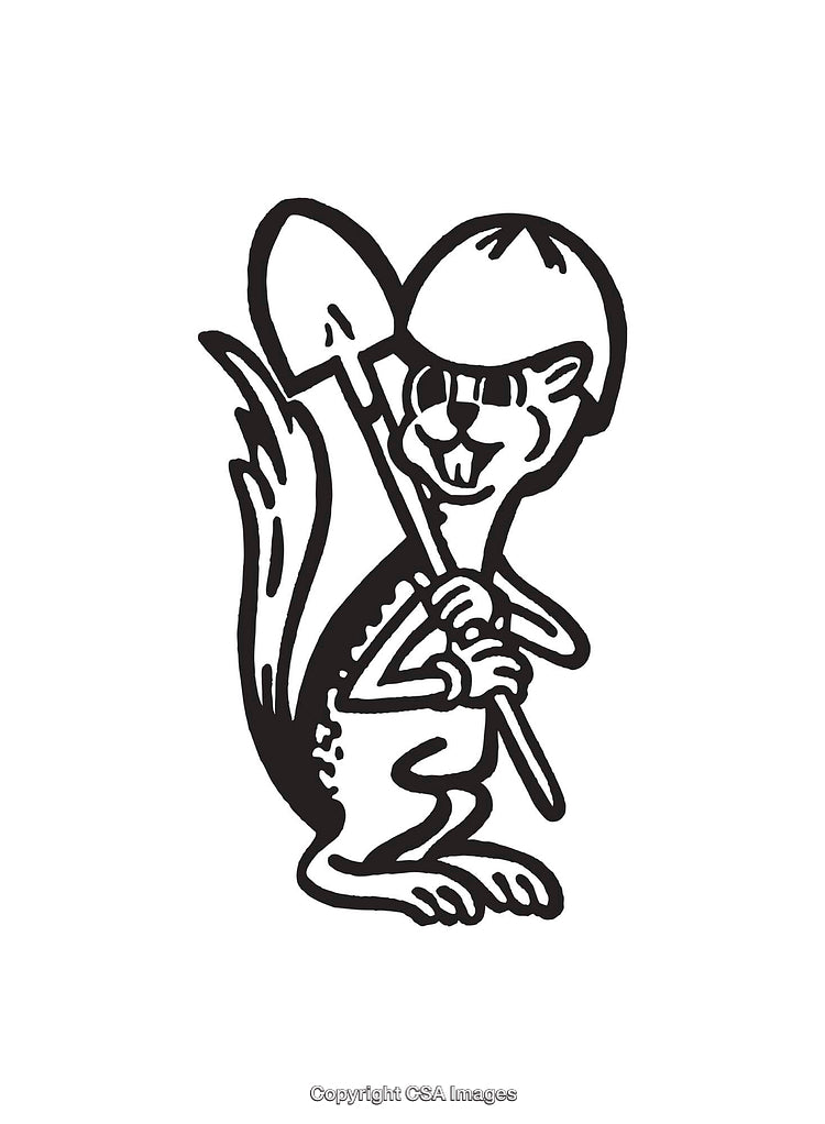 Cartoon Squirrel Holding Shovel in Black and White Line Art Illustration