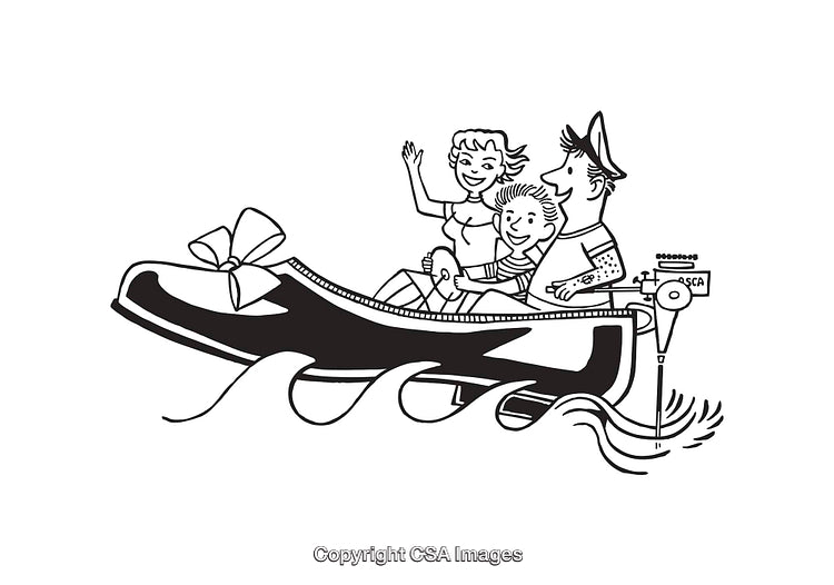 Family Enjoying a Boat Ride in a Whimsical Shoe-Shaped Vessel