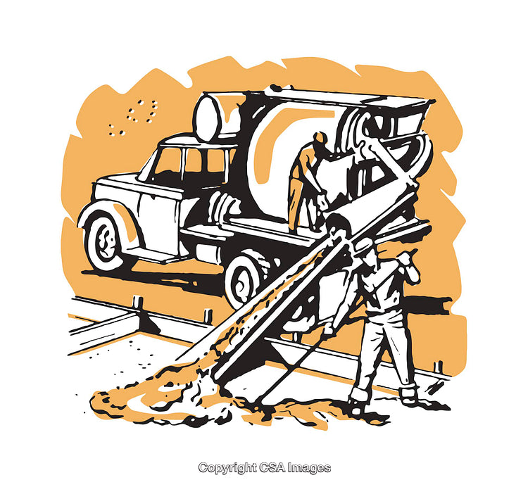 Concrete Mixer and Workers Operating on Construction Site Illustration