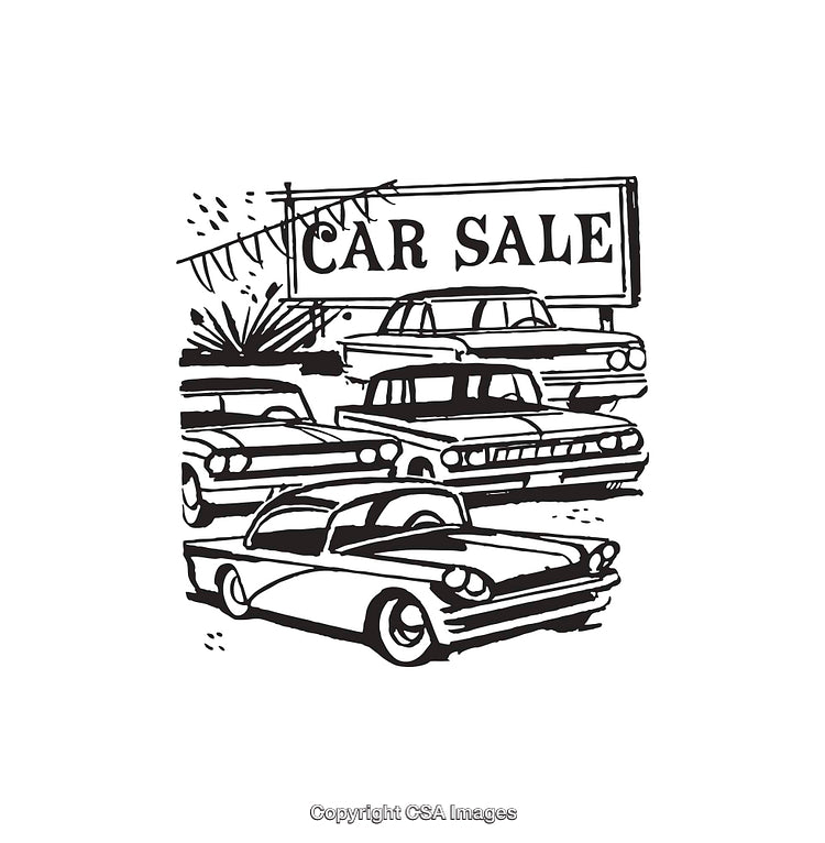 Vintage Line Art of Classic Cars for a Retro Car Sale Scene