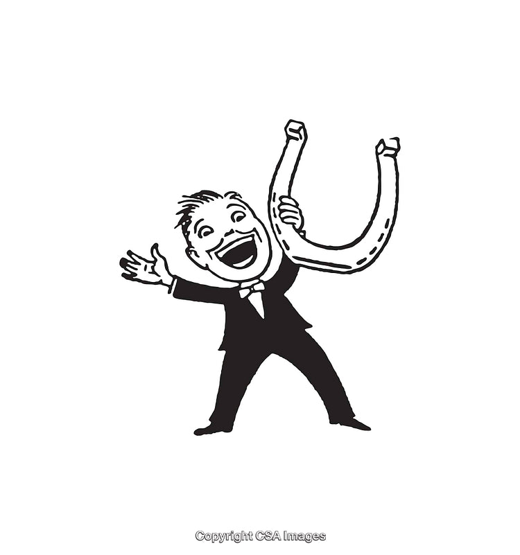 Cartoon Drawing of Happy Person Holding a Horseshoe in Excitement
