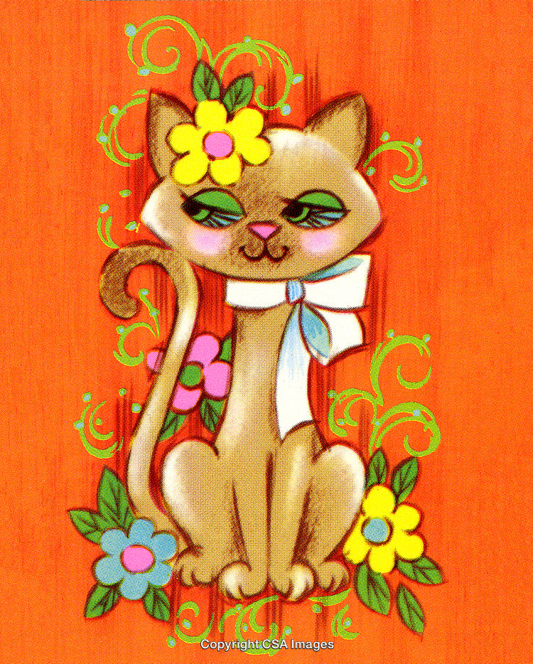 Stylized Cartoon Cat with Flowers on Vibrant Background Illustration