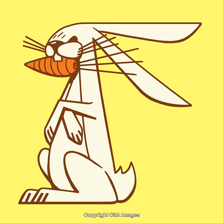 Cartoon Rabbit Eating Carrot on Bright Yellow Background