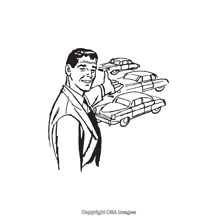Retro Illustration of Man Promoting Vintage Cars in Black and White Line Art