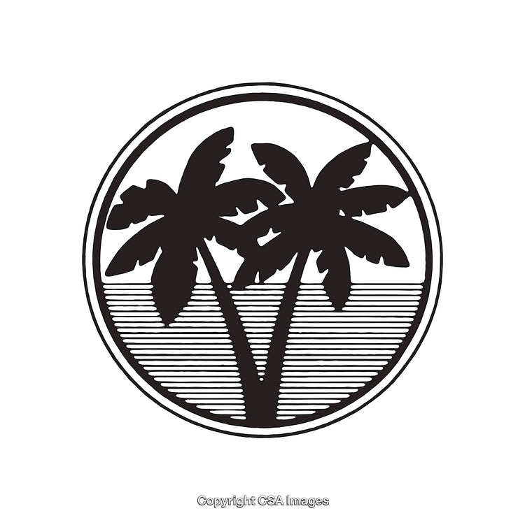 Tropical Island Palm Trees Illustrated in Black and White Circular Design